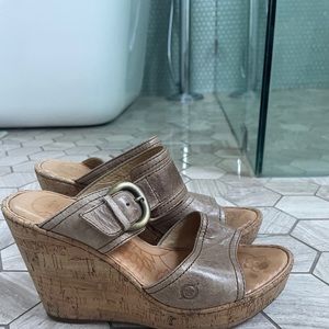 3 inch Cork heel to platform toe tan sandals
